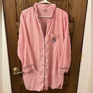 Victoria's Secret Logo Pink Striped Long Sleeve Nightgown Pajama Shirt Medium